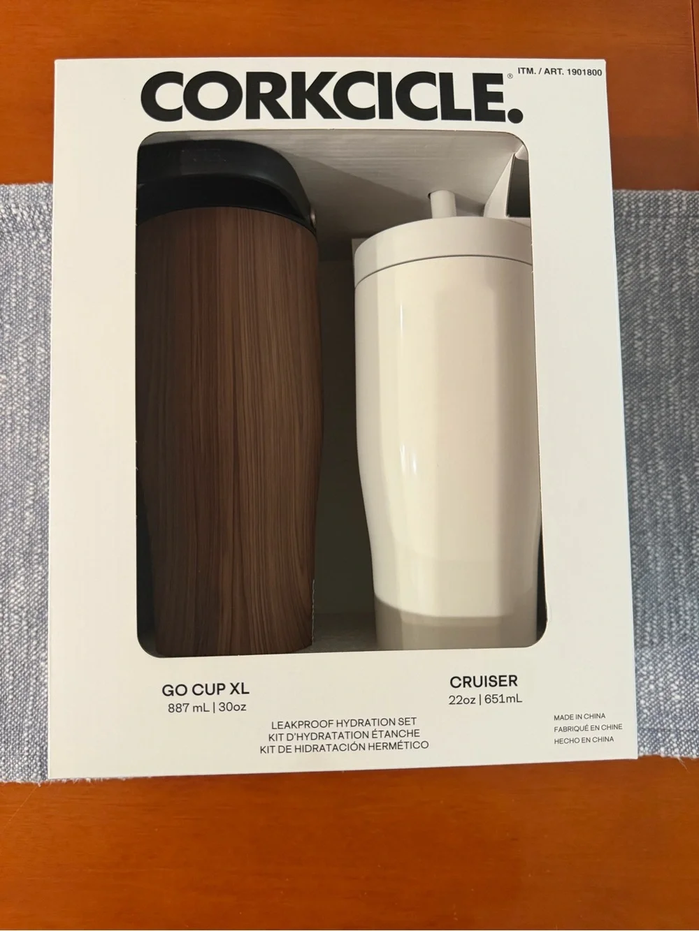 Corkcicle Leakproof hydration set wood color and white cup XL brown and white